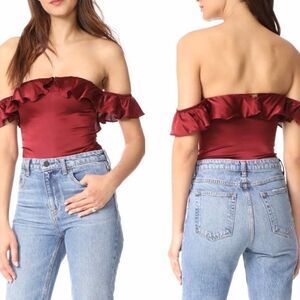 New with Tags For Love and Lemons Red/Burgundy Silk Blend Ruffle Virgo Bodysuit